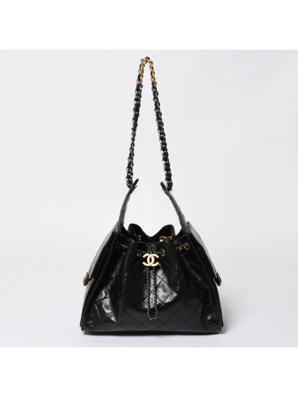 Chanel 25 Medium Chain Bag CC Logo Grained Calfskin Black